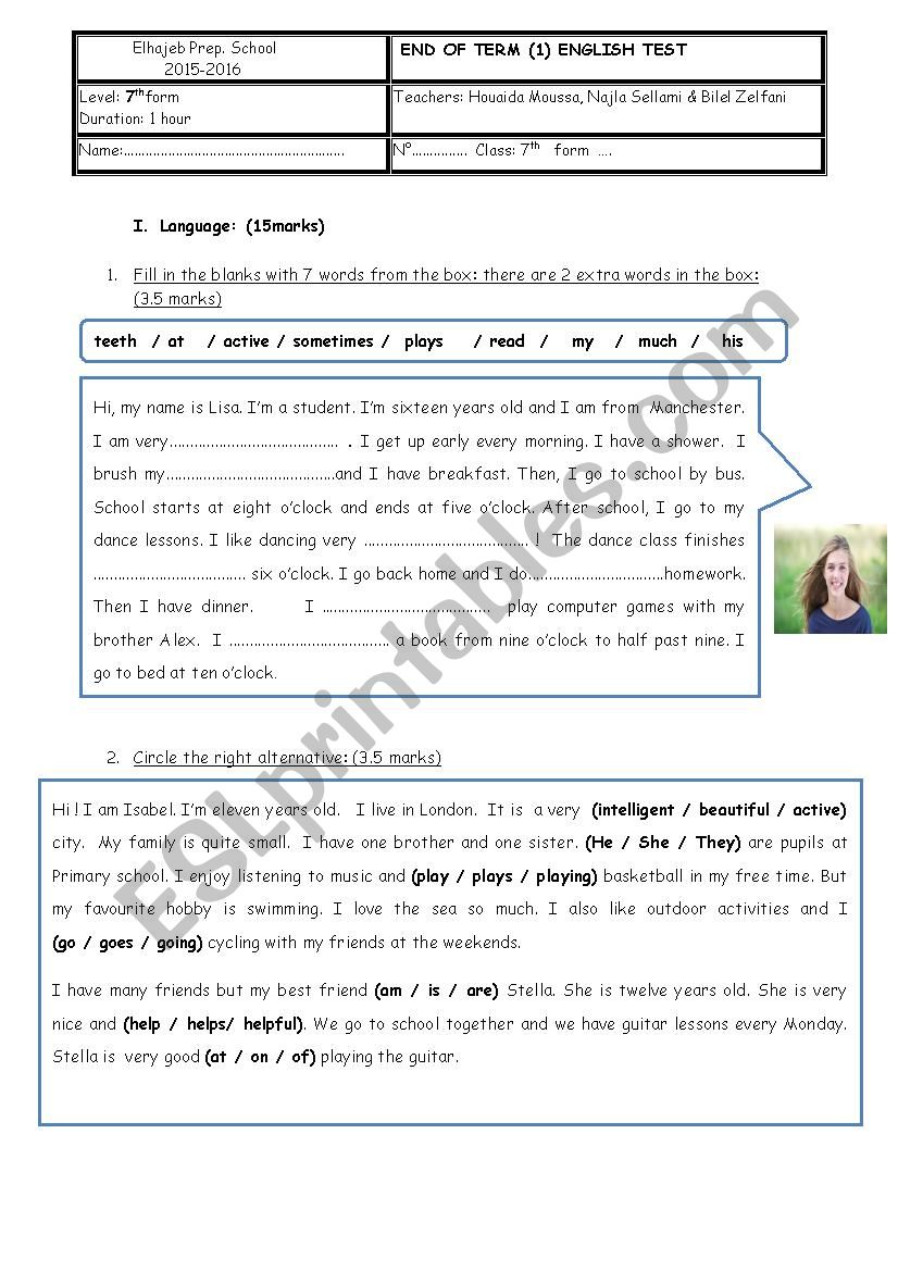 7 th form end of term 1 english test