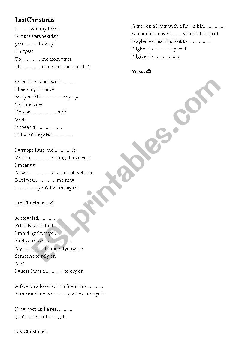 LAST CHRISTMAS Wham! worksheet