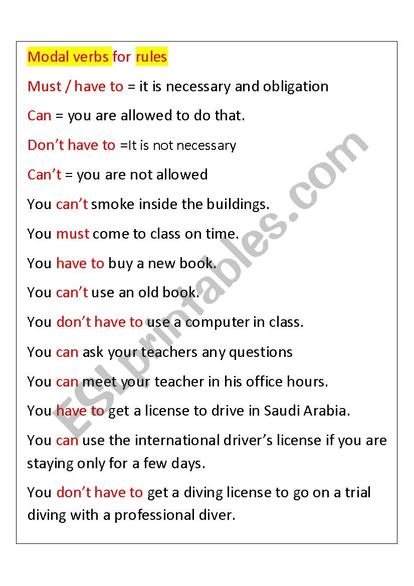 Modal Verbs for Rules worksheet