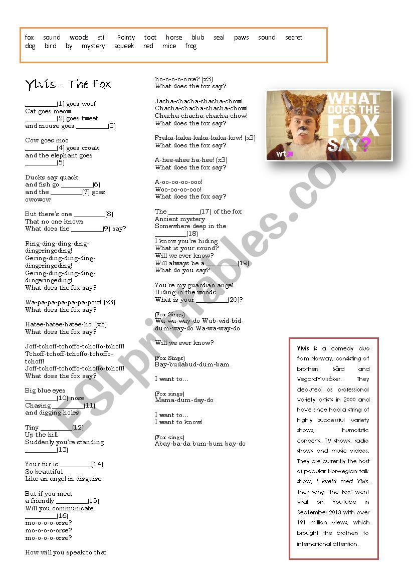 Song worksheet Ylvis - What does the fox say?