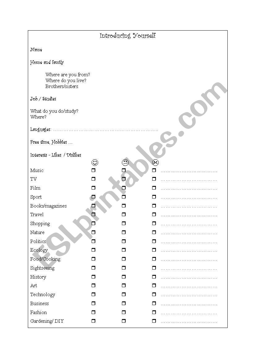 introducing yourself worksheet