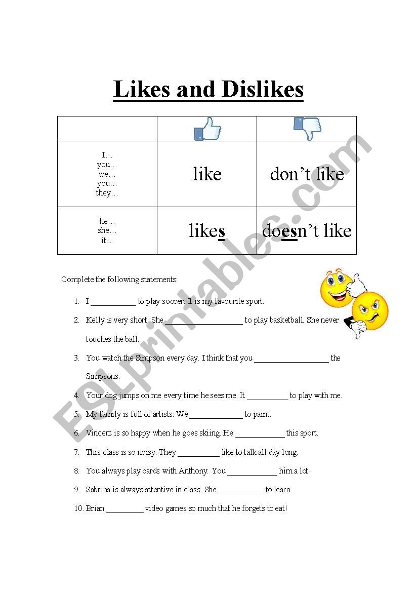 Like and donÂ´t like worksheet