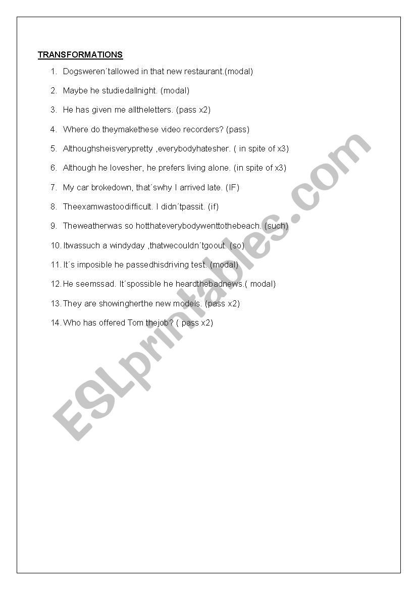 TRANSFORMATIONS worksheet