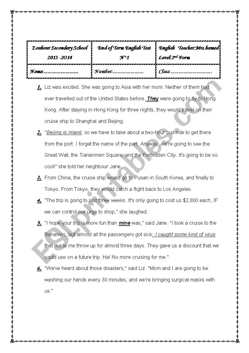 end term english test n1 2nd form