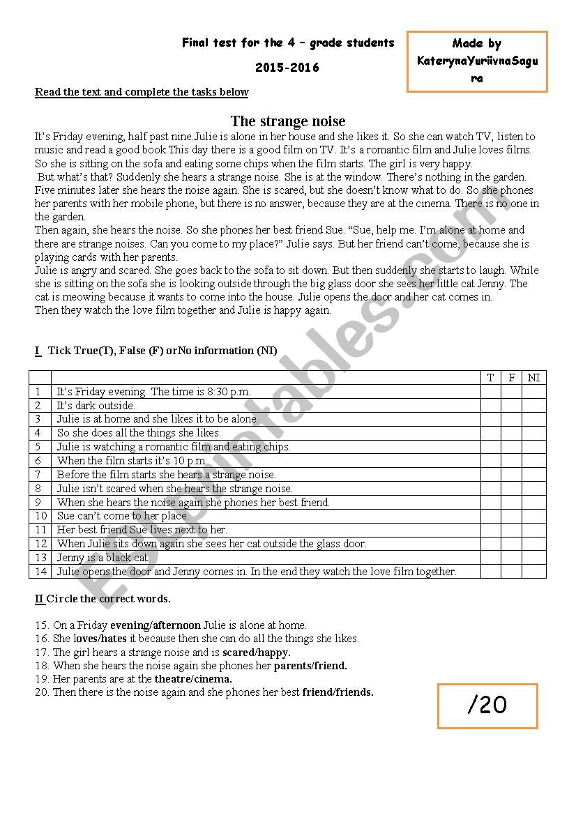 final test 1 semester 4 grade(reading)