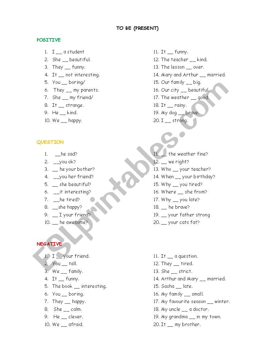 verb to be worksheet