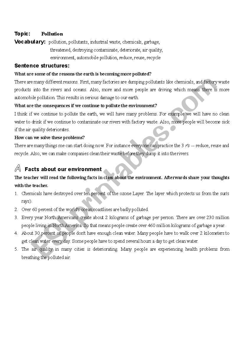 Pollution worksheet