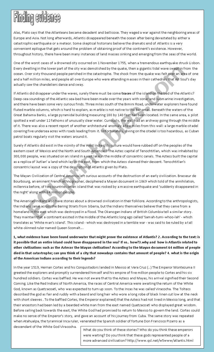The lost continent of Atlantis (unsolved mysteries last part) - ESL  worksheet by stessenspaola