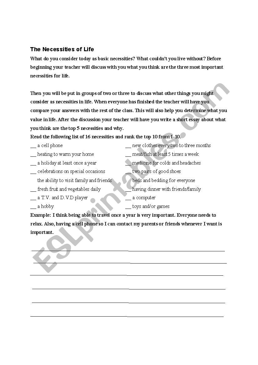 The Necessities of Life worksheet