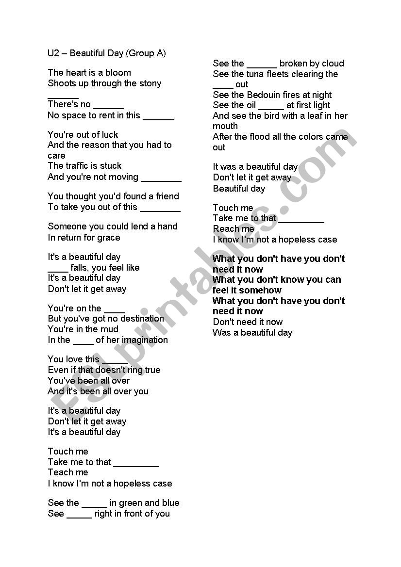 U2 Beautiful Day Song Worksheet Esl Worksheet By Borobello
