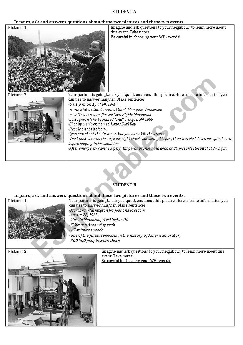 Martin Luther King worksheets with pictures