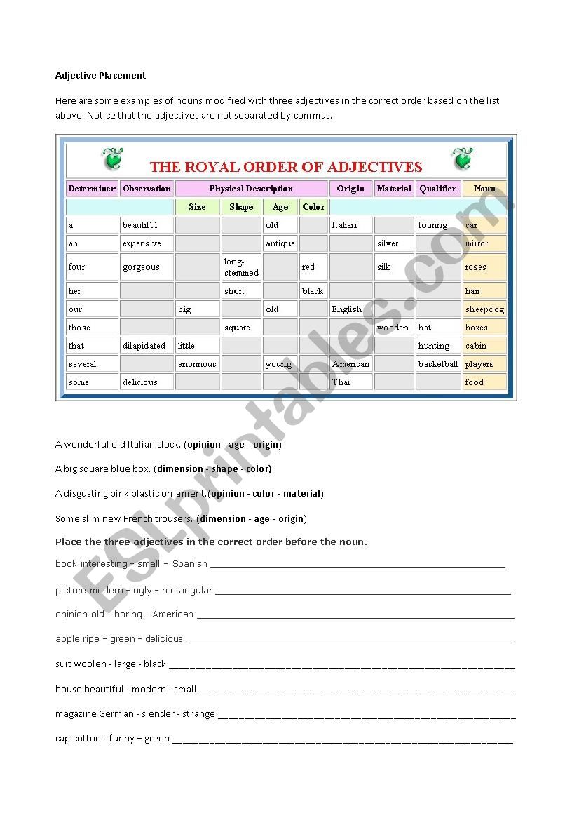 Adjective Placement  worksheet