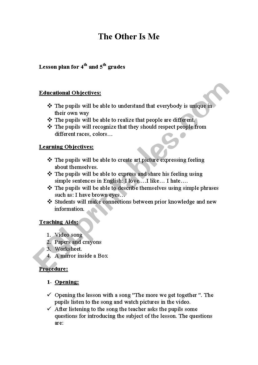 Lesson Plan: The other is me worksheet