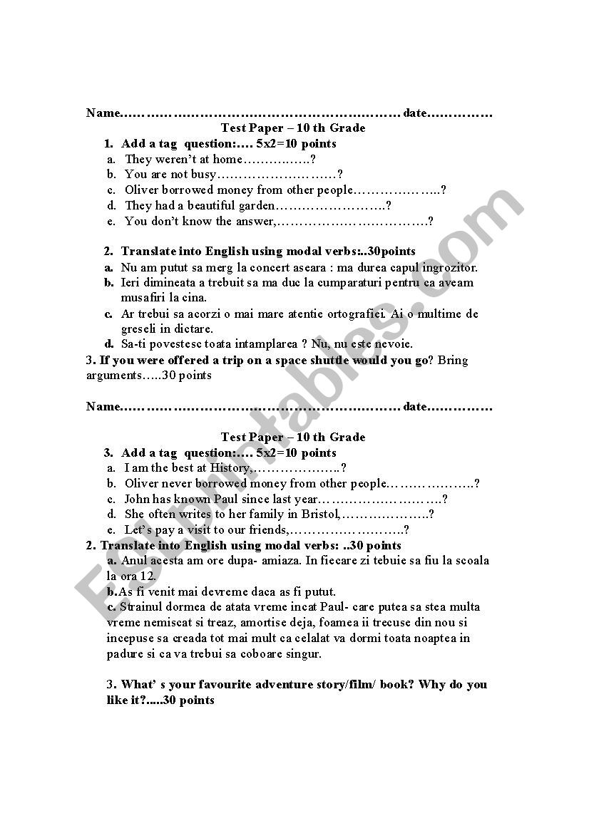 Test Paper  worksheet