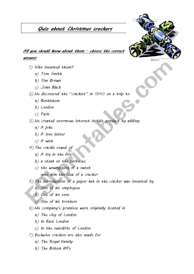 Quiz about Christmas crackers worksheet