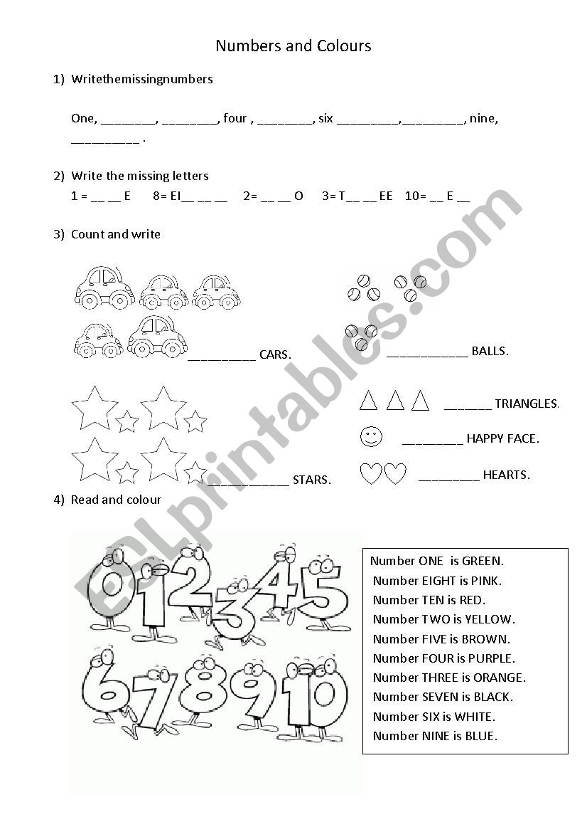 Numbers 1-10 and colours worksheet
