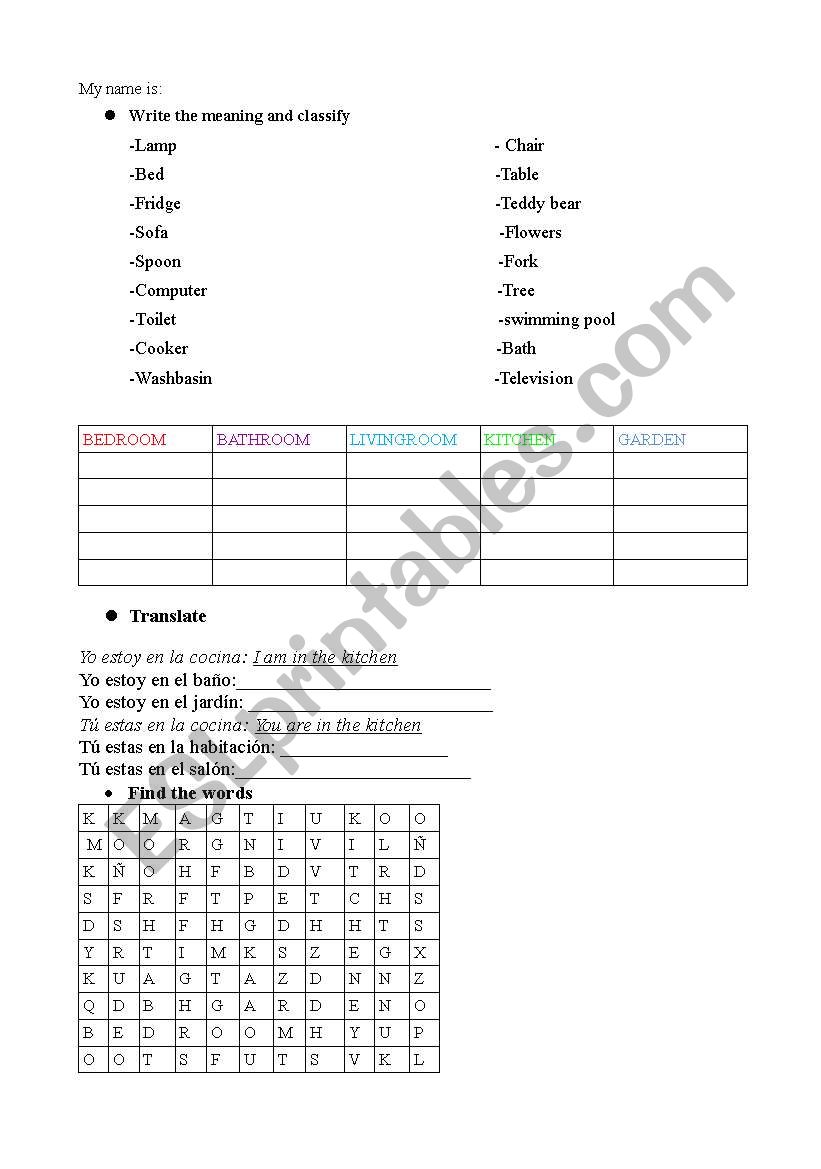 things of house worksheet