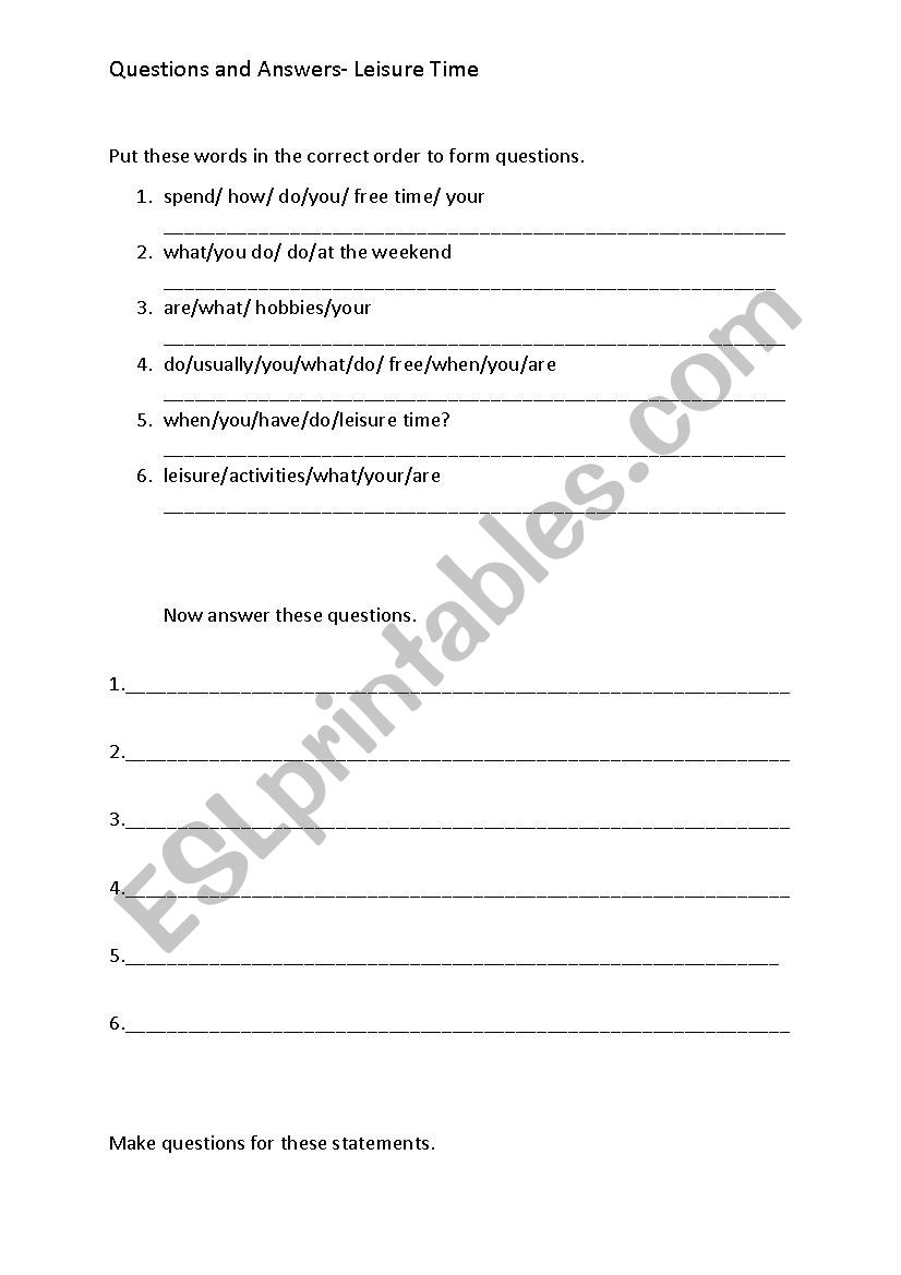 Leisure Q&A worksheet