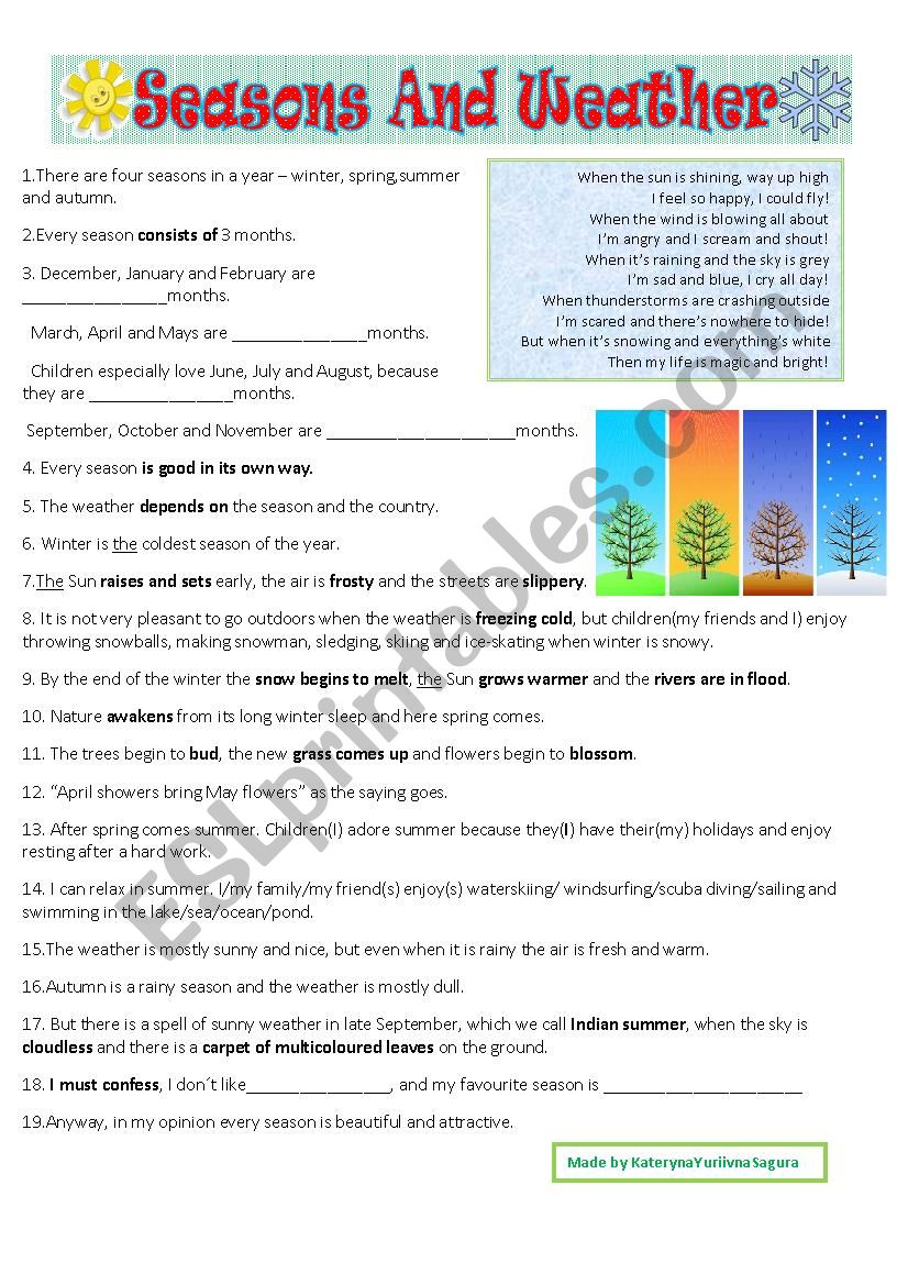 Seasons and weather worksheet