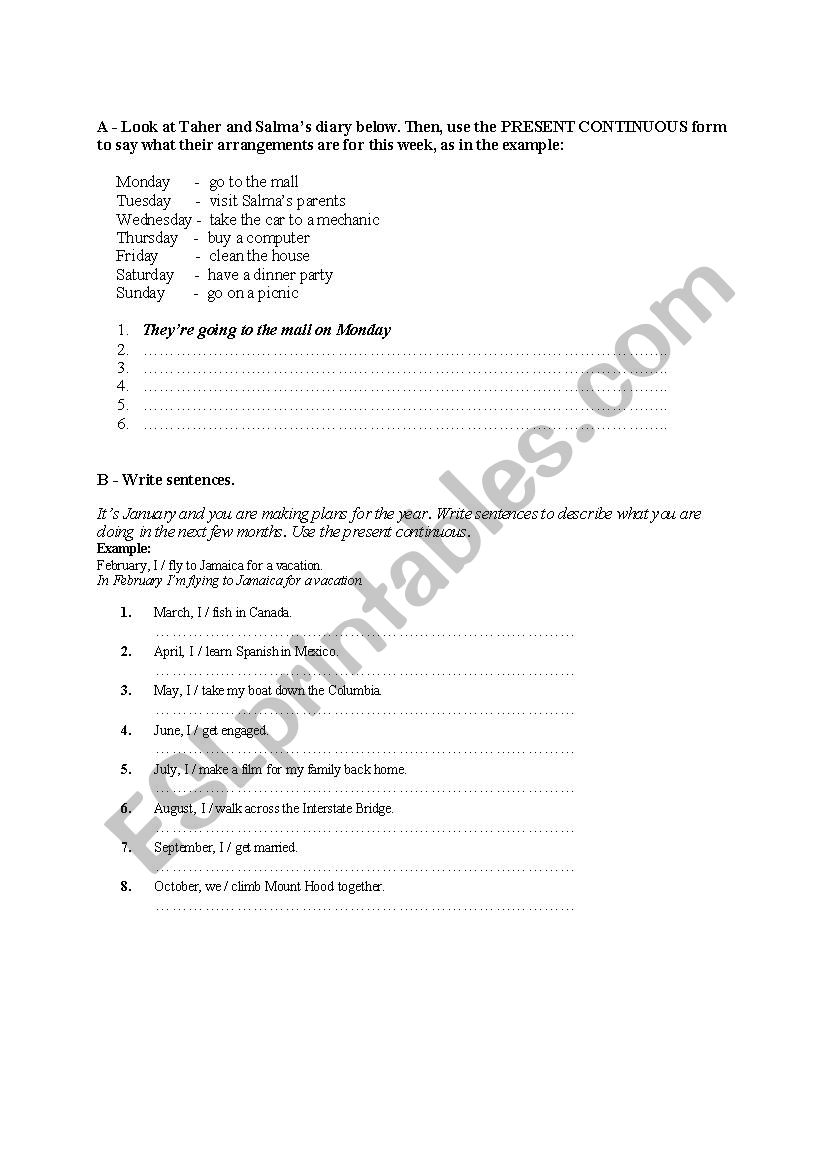 Present Continous Worksheet worksheet