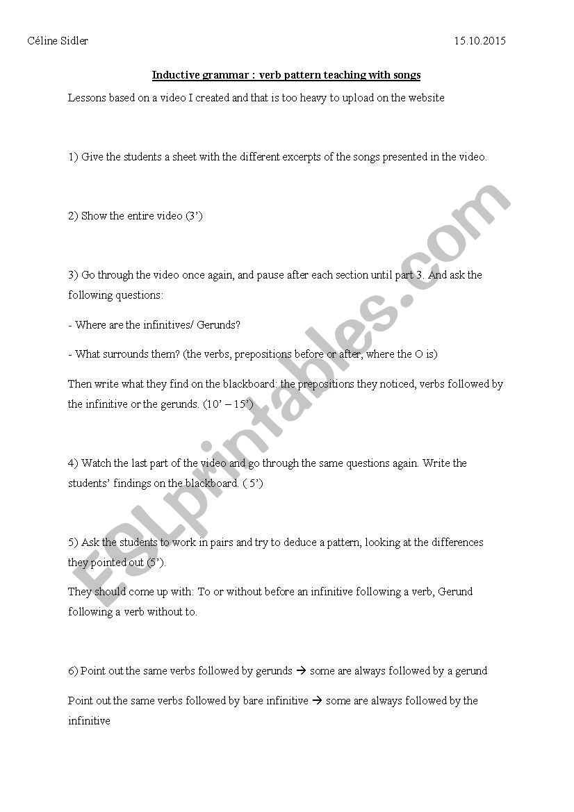 Verb pattern in songs worksheet