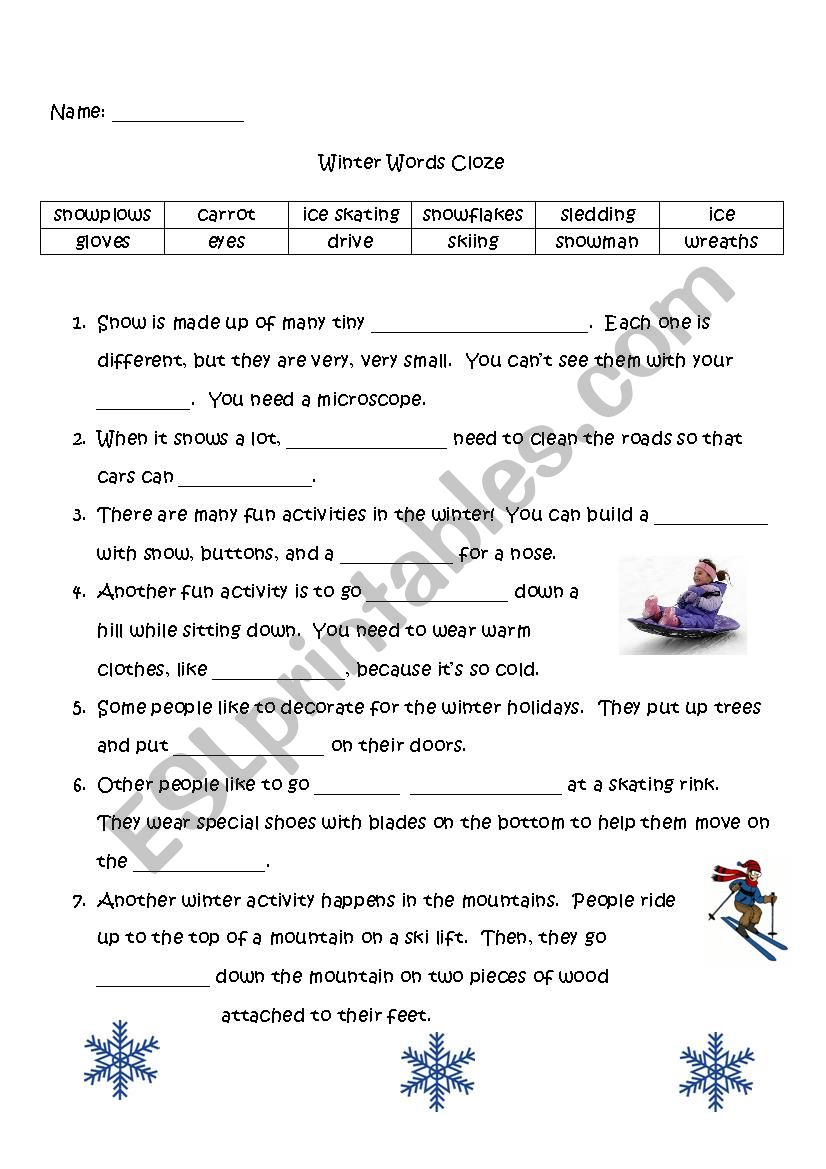 Winter Words Cloze Activity  worksheet