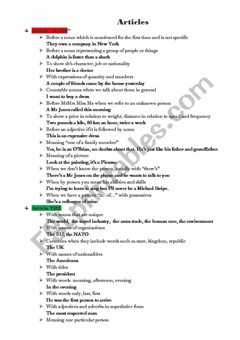 Articles worksheet