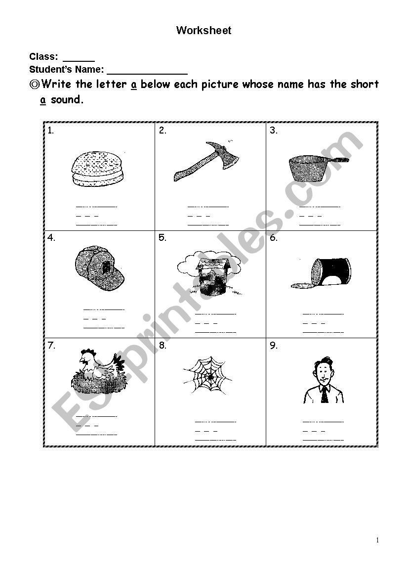 Phonics worksheet of the short a sound