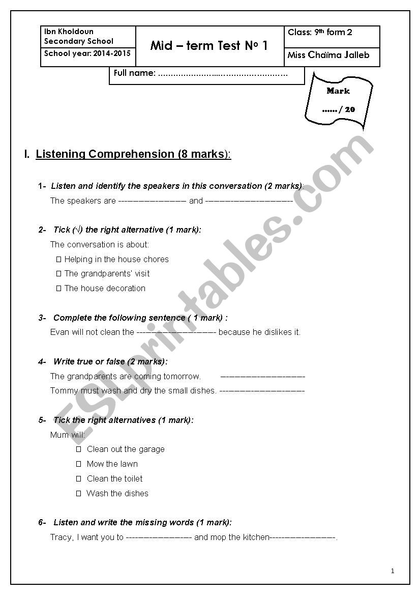 Mid – term Test No 1 (9th form) - ESL worksheet by Miss Cho