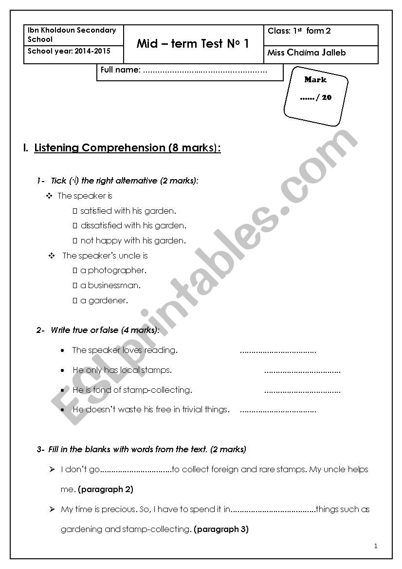 Mid â€“ term Test No 1 (1st form) - ESL worksheet by Miss Cho