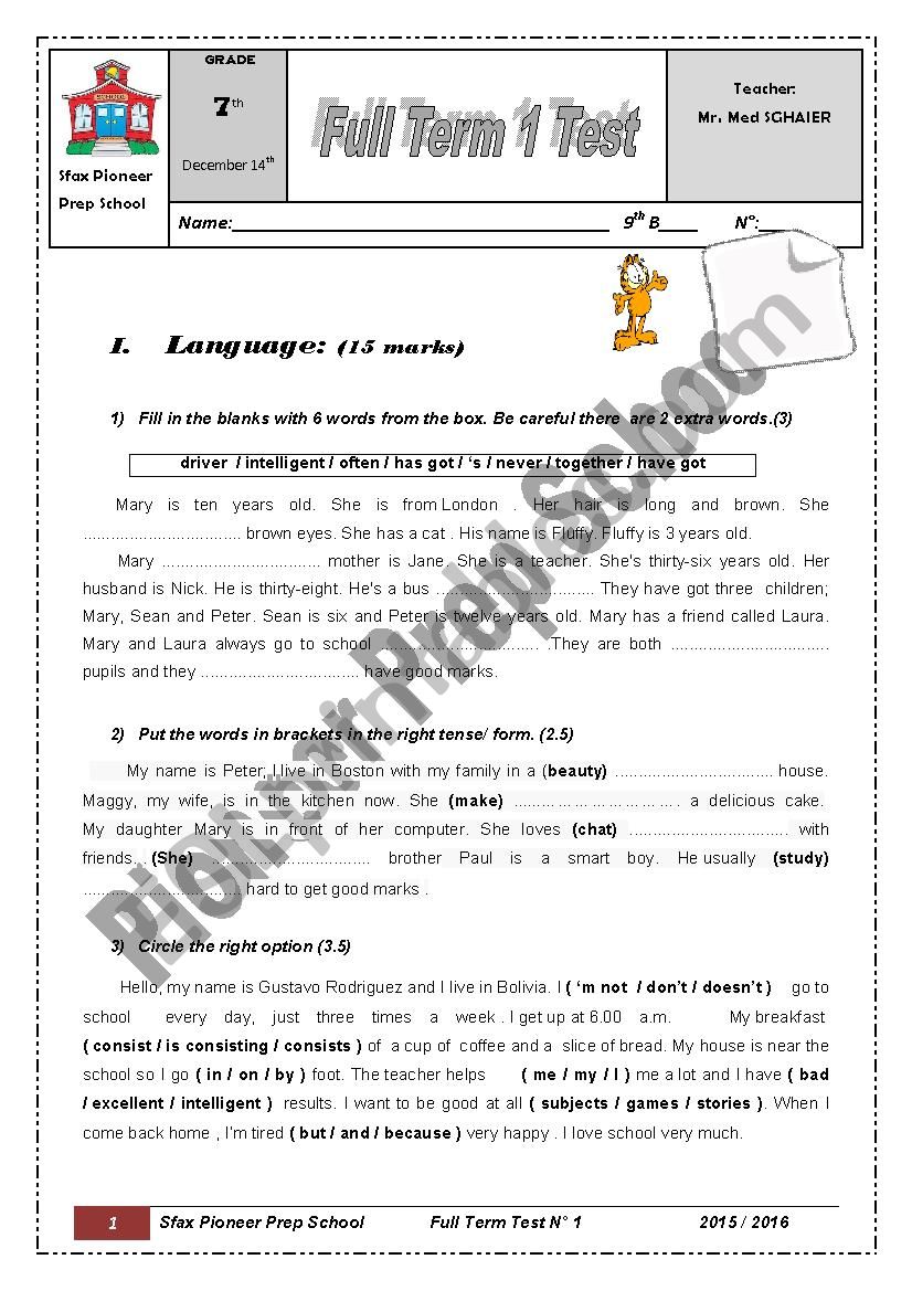 Sfax Pioneer Prep School 7th Form Full Term Test 1