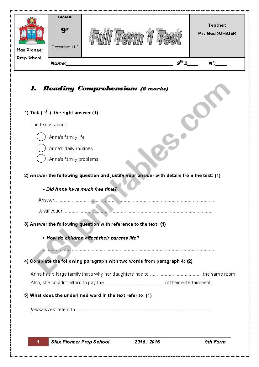 Sfax Pioneer Prep School 9th Form Full Term Test 1