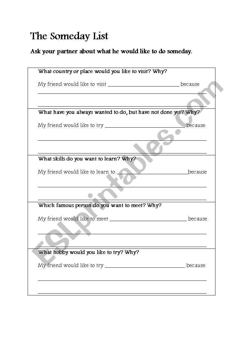 The some day list worksheet