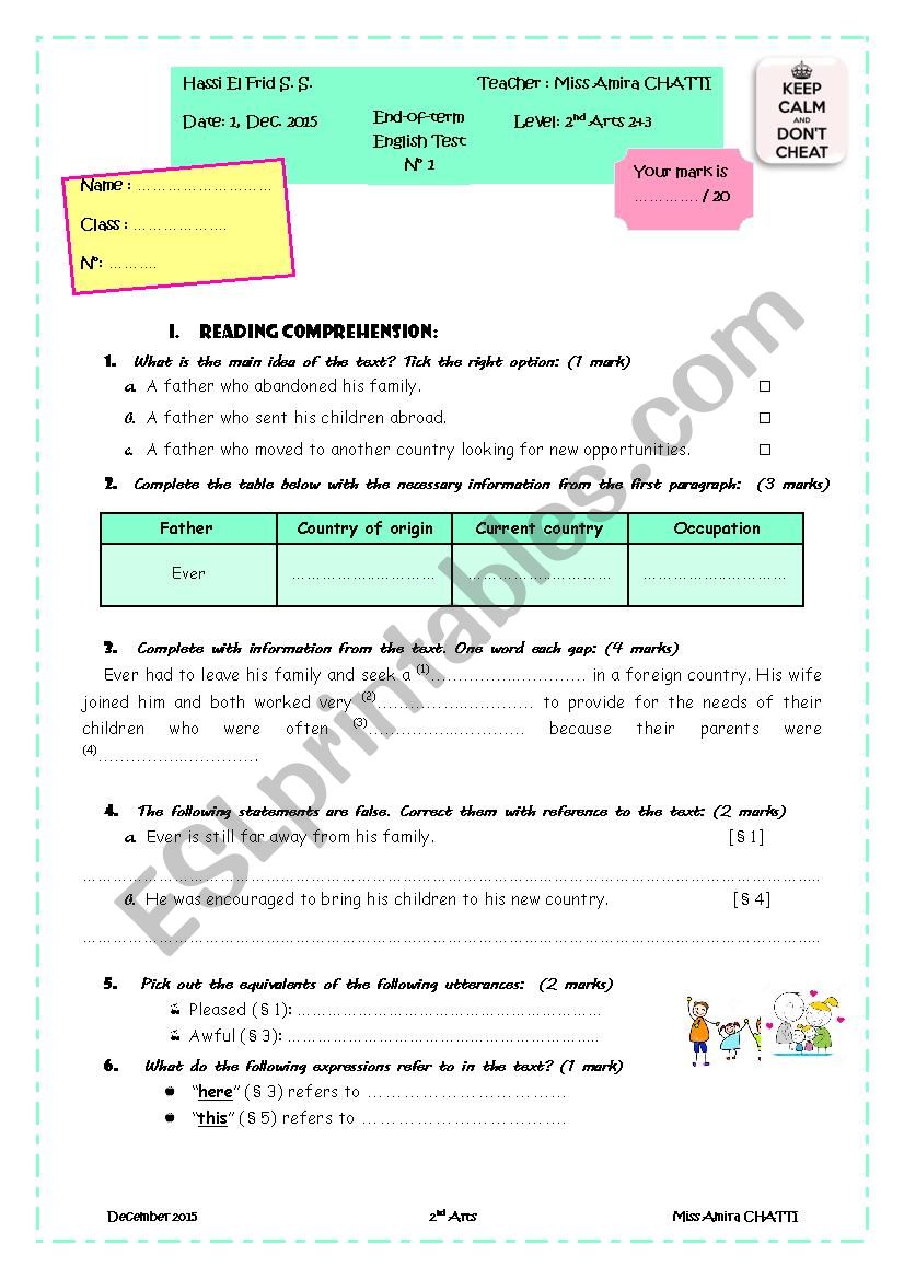 End-of-term English Test 1 Second Arts 2+3