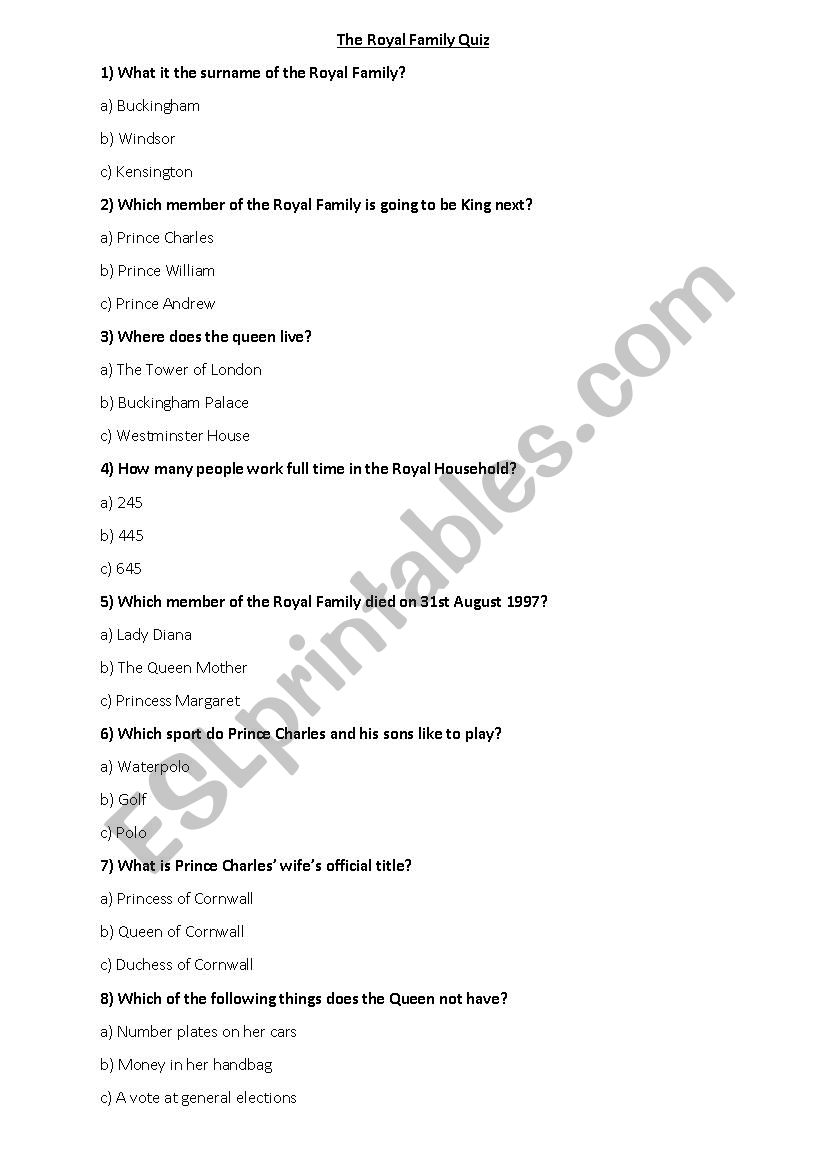 The Royal family quiz worksheet