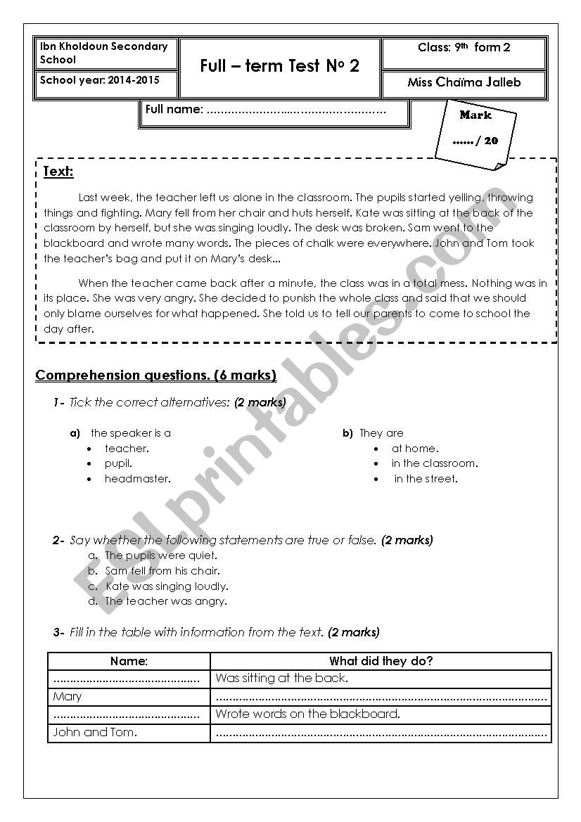 Full  term Test No 2 worksheet