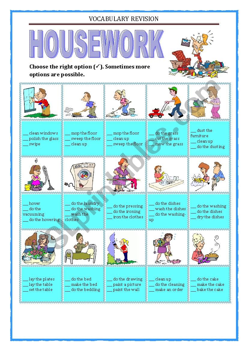 VOCABULARY REVISION -  HOUSEWORK - multiple choice