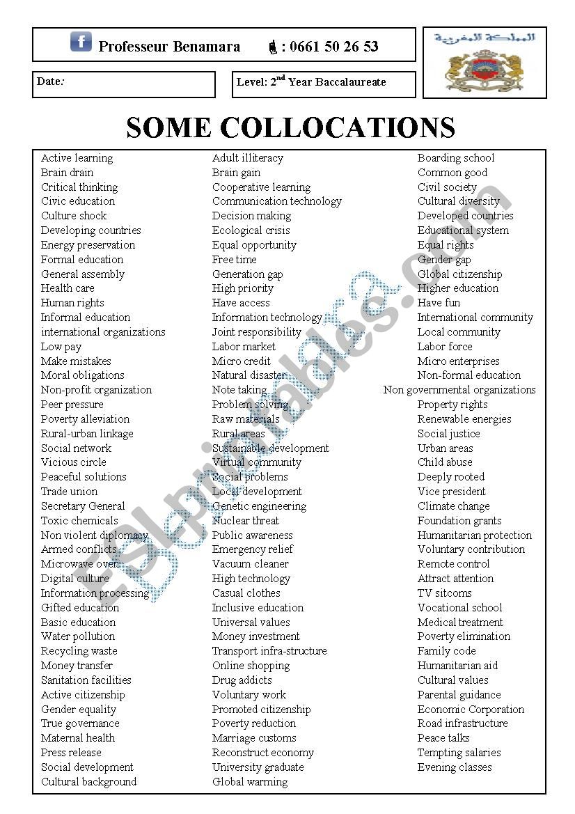 Some English collocations worksheet