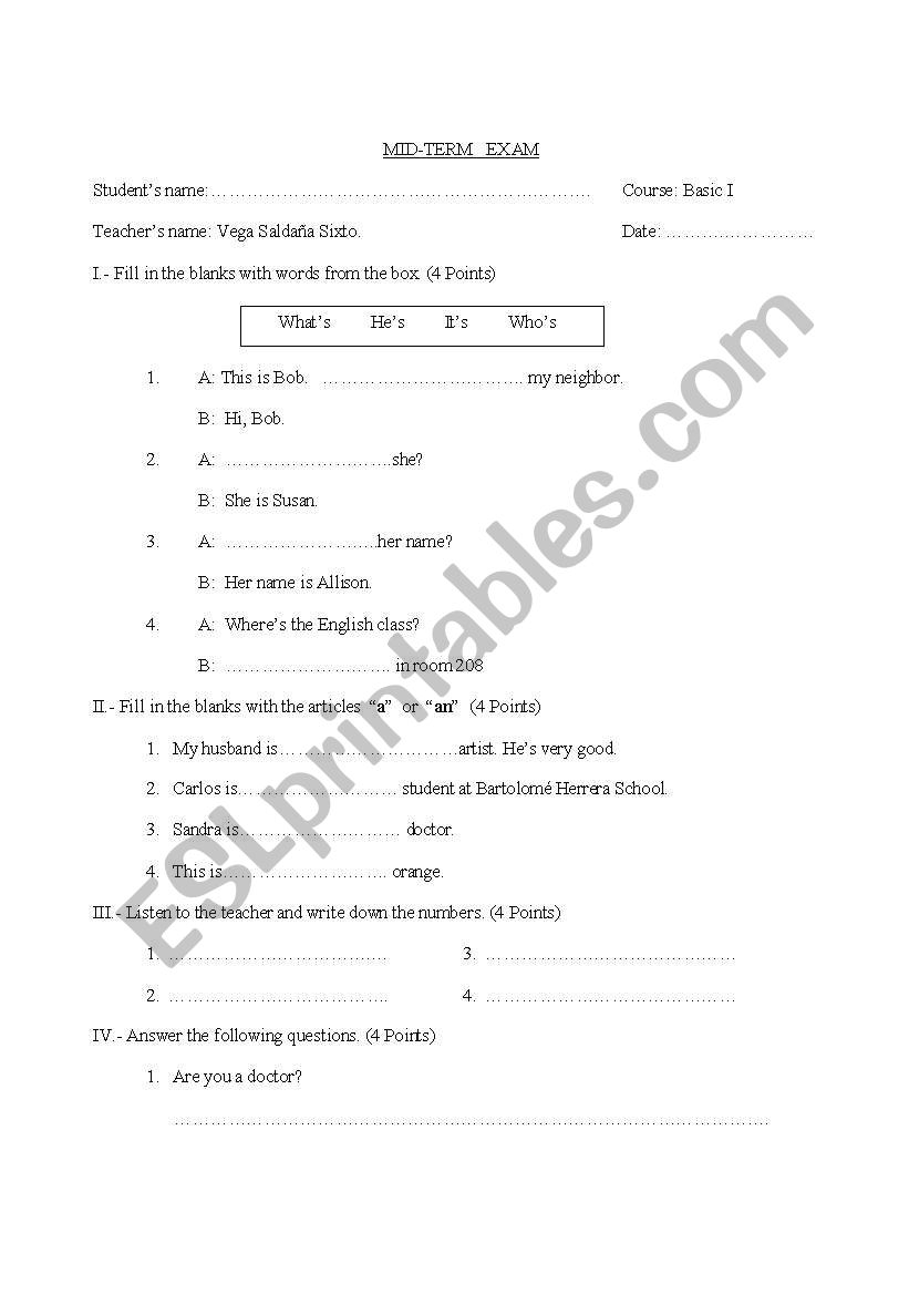 elementary English exam worksheet