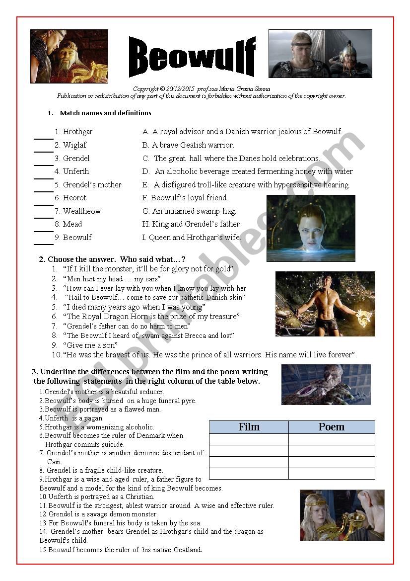 Beowulf movie /Video-session worksheet