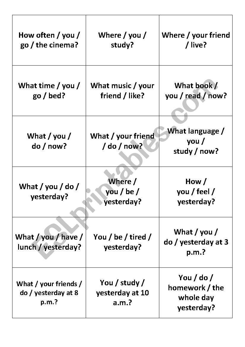 Question Cards (Present Simple/Continuous, Past Simple/Continuous)