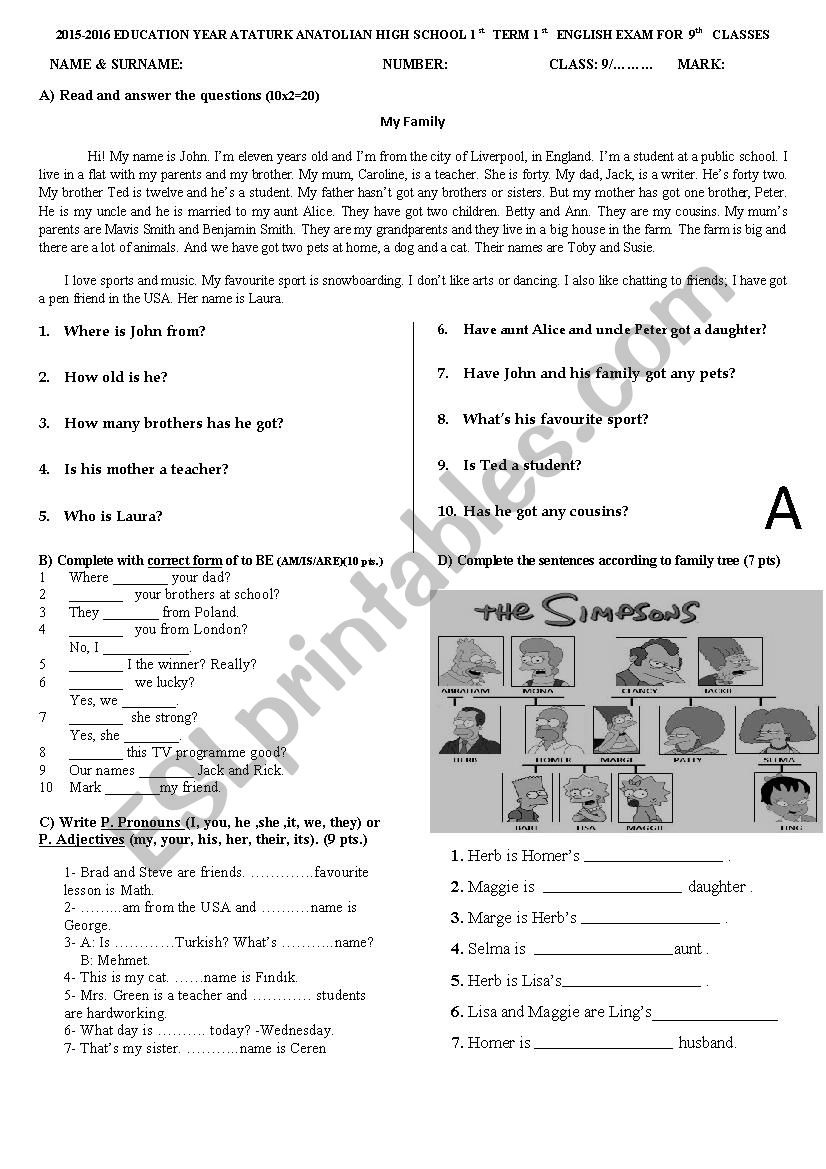 test elementary worksheet