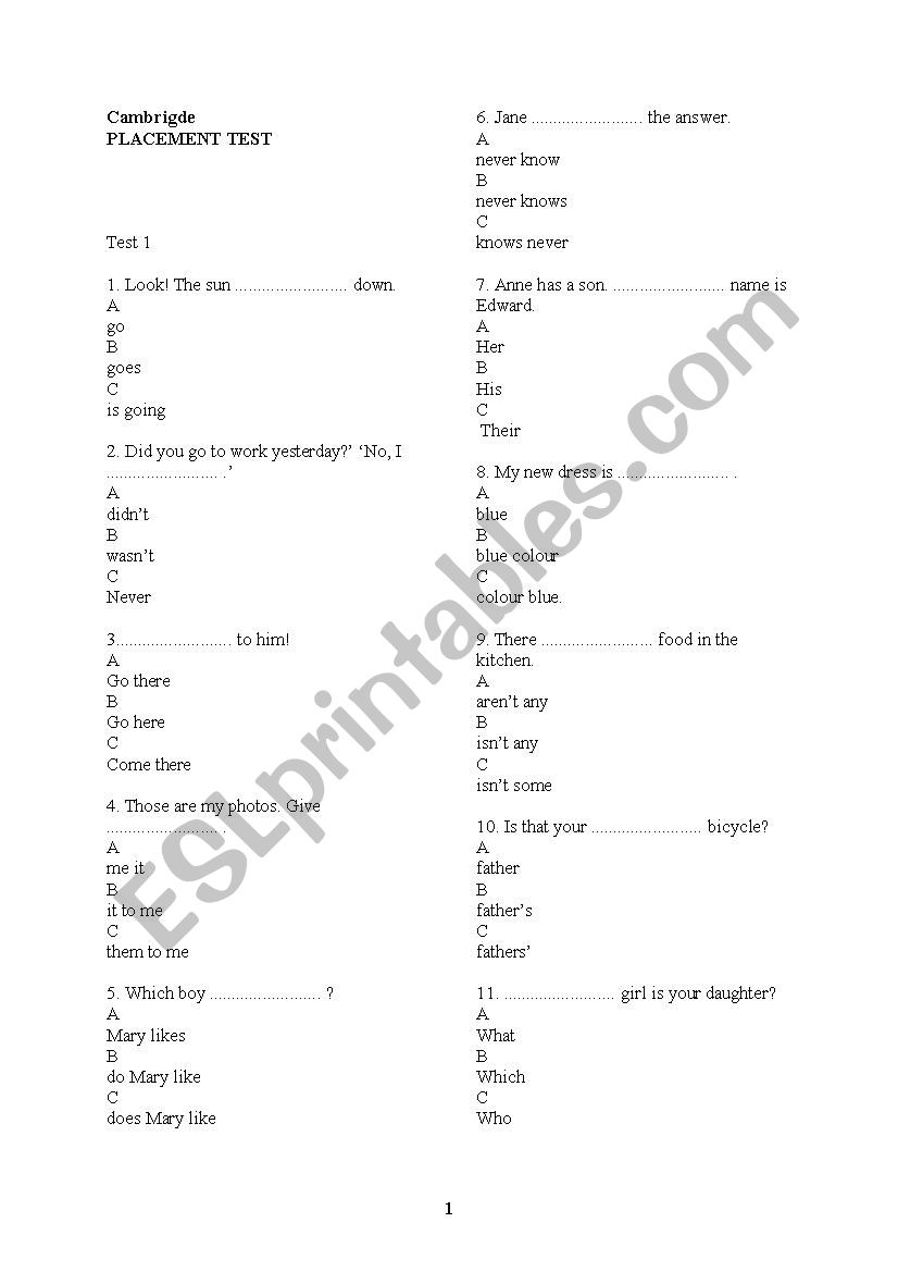 Cambridge Tests worksheet