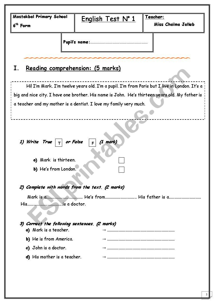 Test for 6th form pupils. worksheet
