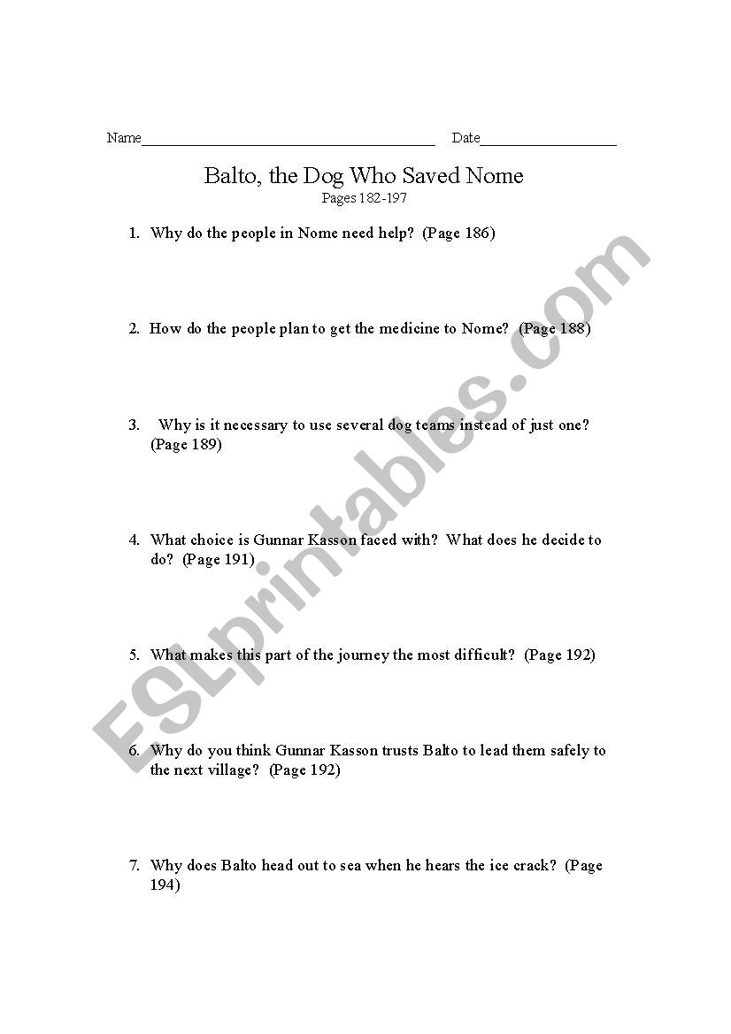 Balto: The Dog who Saved Nome worksheet