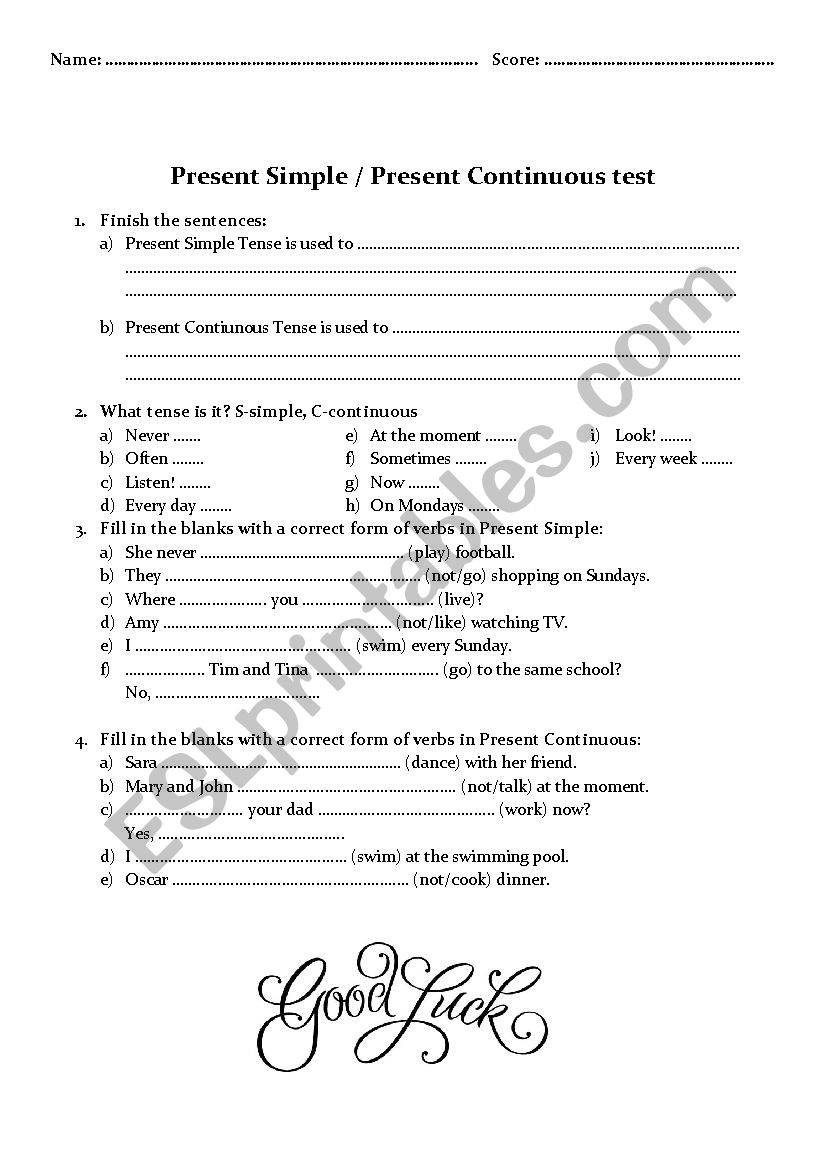 Present Simple or Present Continuous short test or grammar revision printable