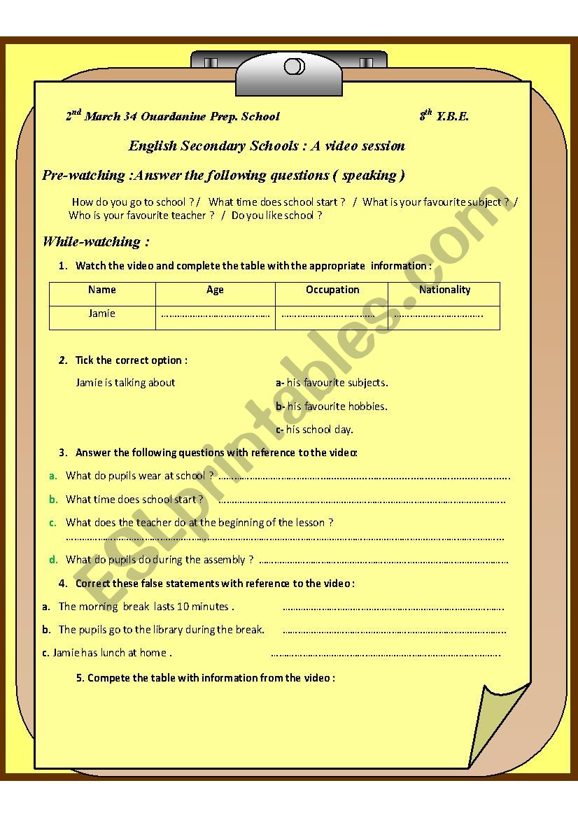 a video session worksheet