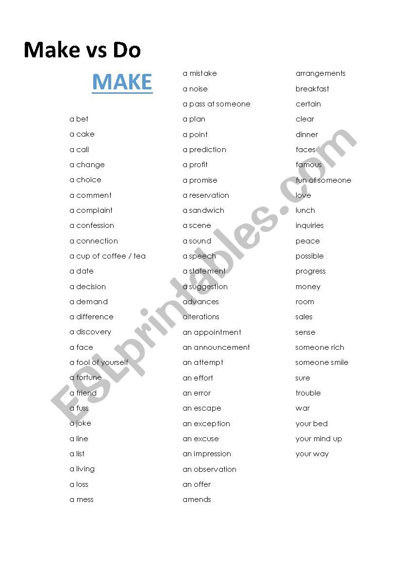 Make vs Do worksheet