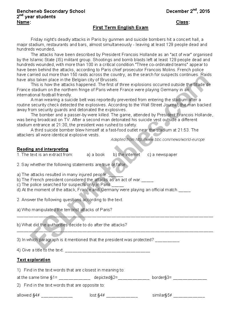 Paris Terrorist Attacks worksheet