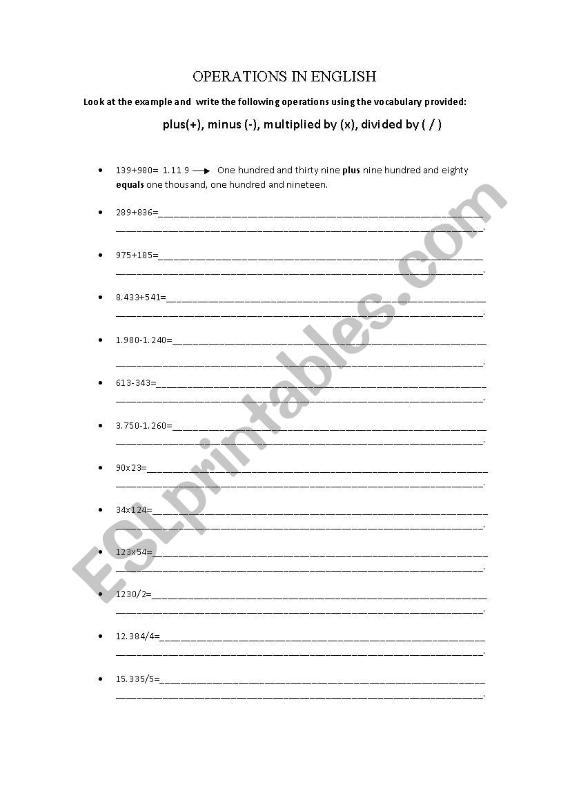 NUMBERS OPERATIONS worksheet